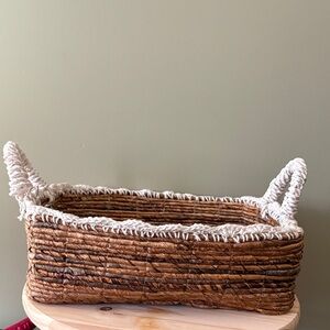 Handwoven Natural Rectangular Storage Basket with Cream Trim